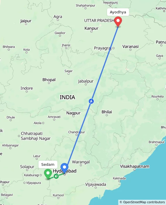 Route map showing distance and travel time from Sedam, India to Ayodhya, India