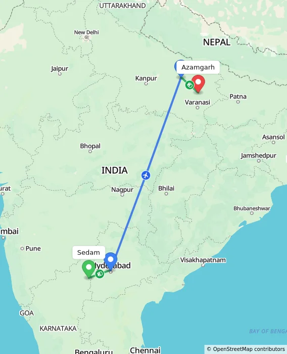 Route map showing distance and travel time from Sedam, India to Azamgarh, India