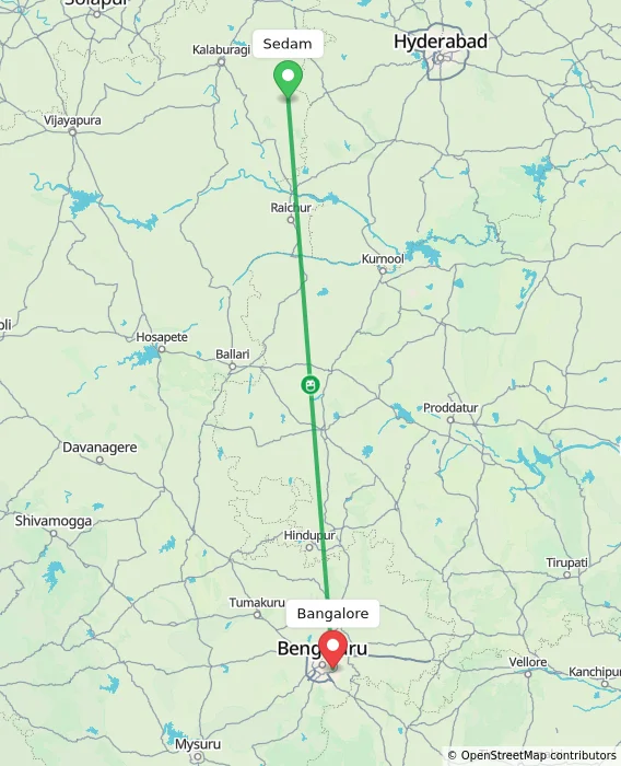 Route map showing distance and travel time from Sedam, India to Bangalore, India