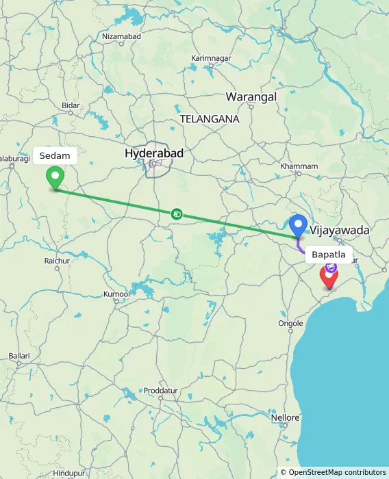 Route map showing distance and travel time from Sedam, India to Bapatla, India