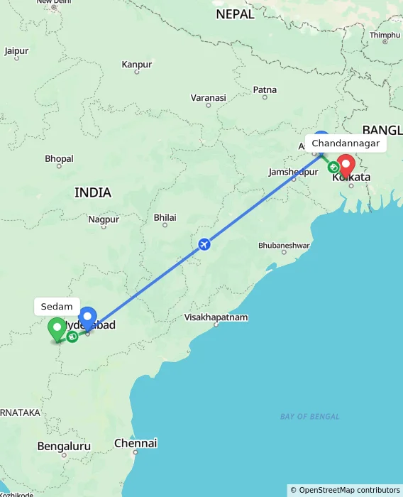 Route map showing distance and travel time from Sedam, India to Chandannagar, India
