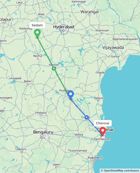 Route map showing distance and travel time from Sedam, India to Chennai, India