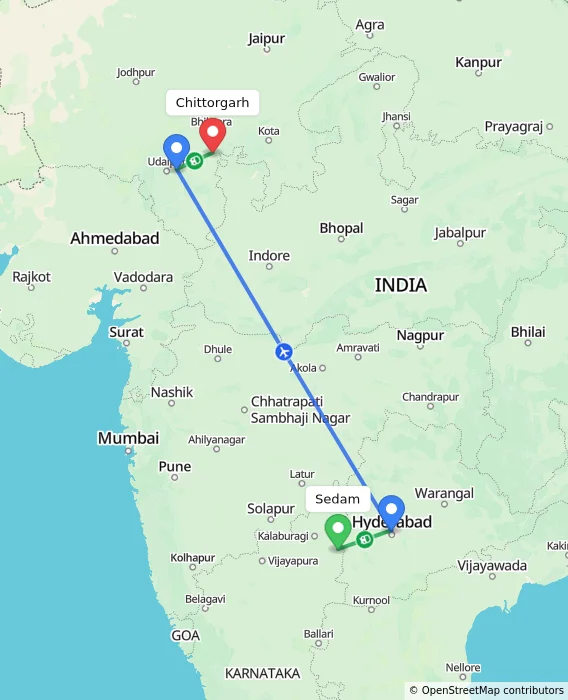 Route map showing distance and travel time from Sedam, India to Chittorgarh, India