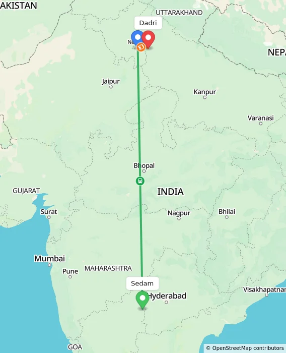 Route map showing distance and travel time from Sedam, India to Dadri, India