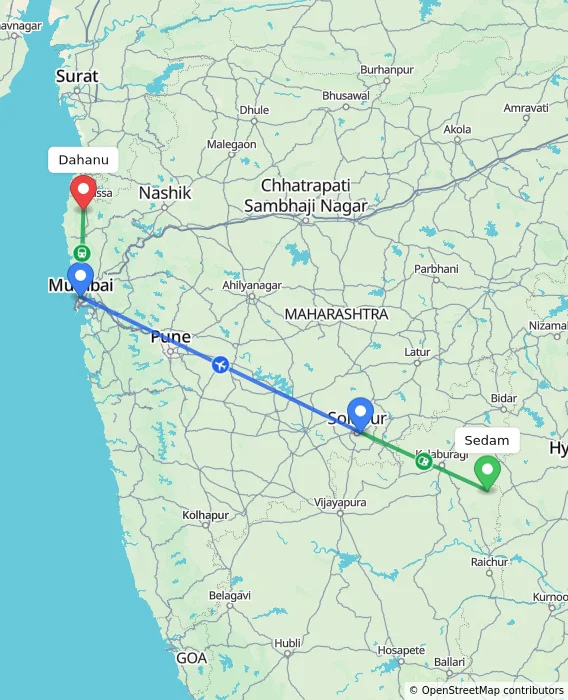 Route map showing distance and travel time from Sedam, India to Dahanu, India