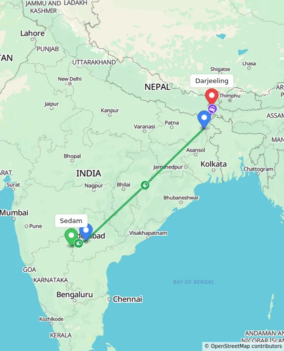 Route map showing distance and travel time from Sedam, India to Darjeeling, India