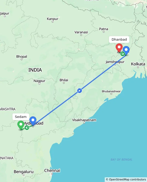 Route map showing distance and travel time from Sedam, India to Dhanbad, India