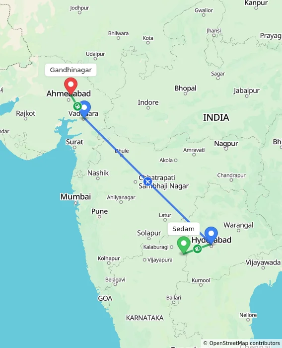 Route map showing distance and travel time from Sedam, India to Gandhinagar, India