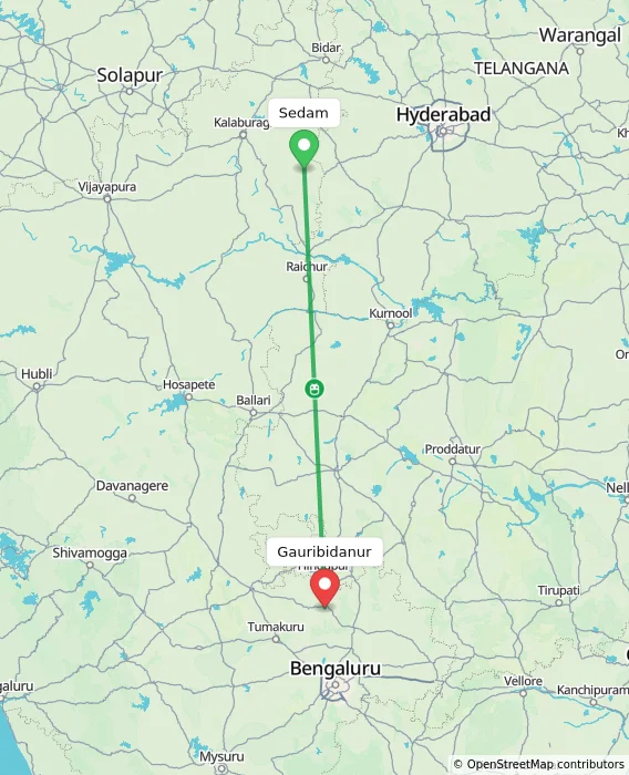 Route map showing distance and travel time from Sedam, India to Gauribidanur, India