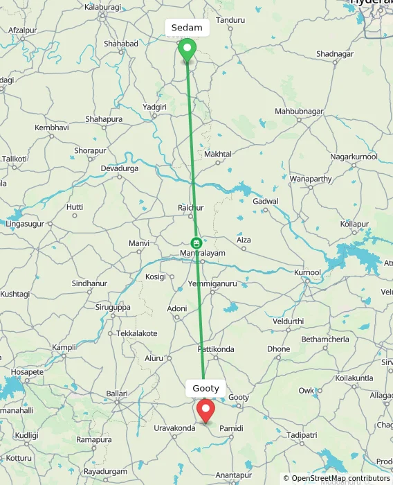 Route map showing distance and travel time from Sedam, India to Gooty, India