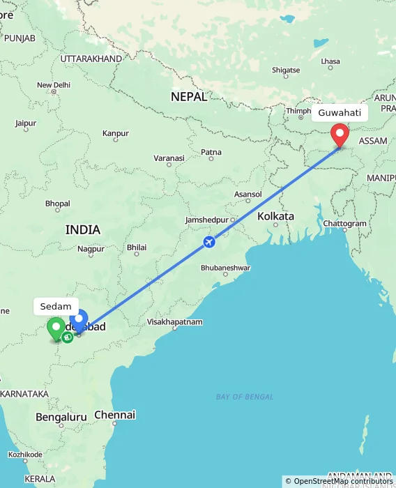 Route map showing distance and travel time from Sedam, India to Guwahati, India