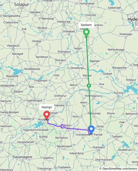 Route map showing distance and travel time from Sedam, India to Hampi, India