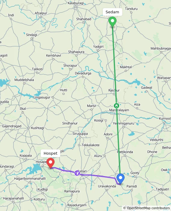 Route map showing distance and travel time from Sedam, India to Hospet, India
