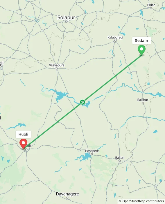 Route map showing distance and travel time from Sedam, India to Hubli, India