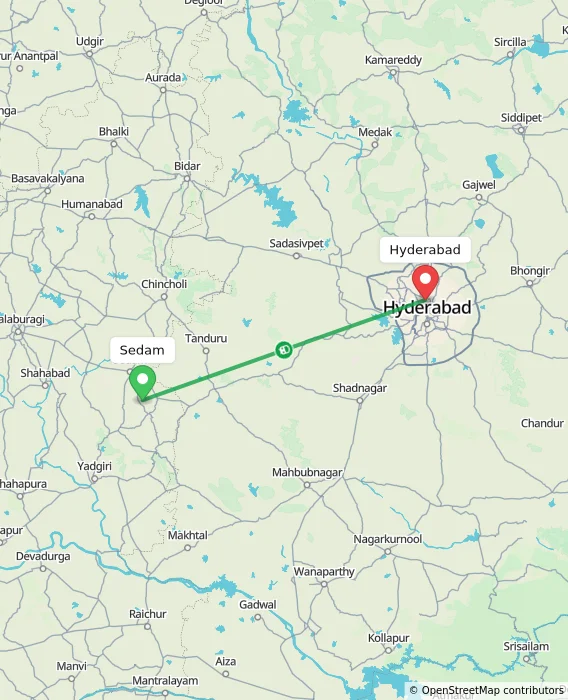 Route map showing distance and travel time from Sedam, India to Hyderabad, India