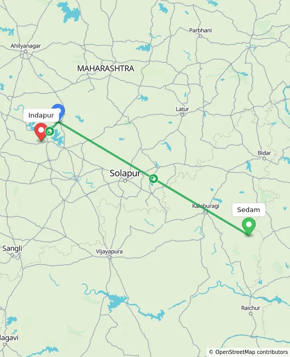 Route map showing distance and travel time from Sedam, India to Indapur, India
