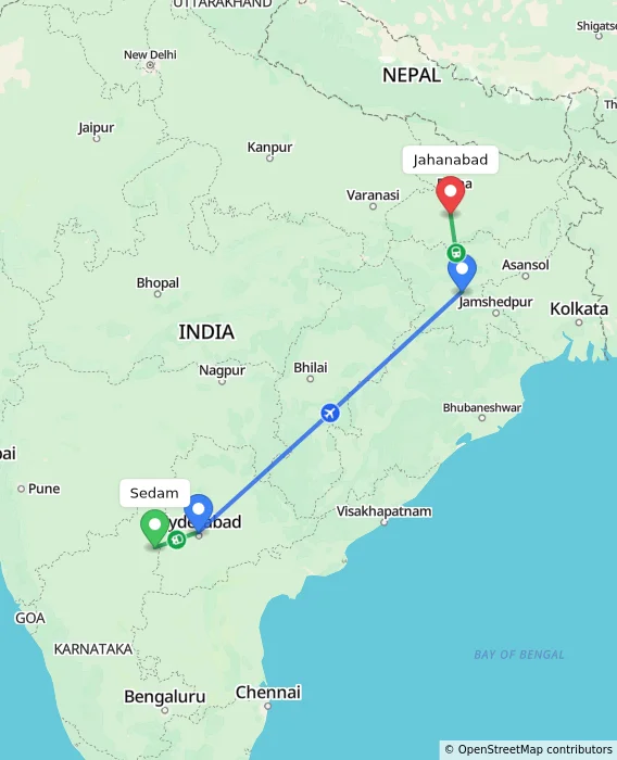 Route map showing distance and travel time from Sedam, India to Jahanabad, India