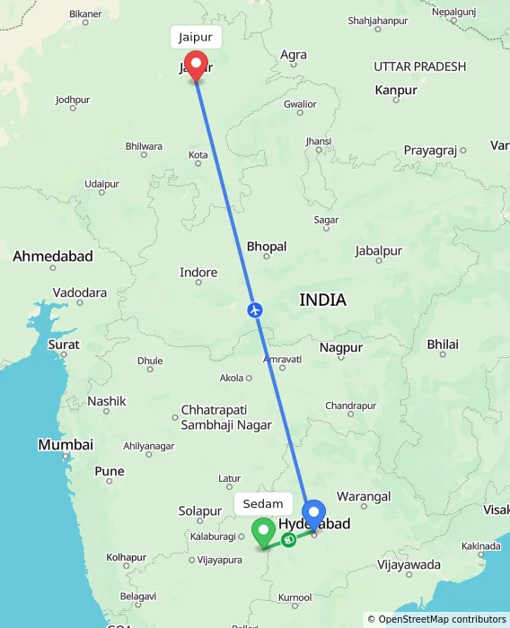 Route map showing distance and travel time from Sedam, India to Jaipur, India