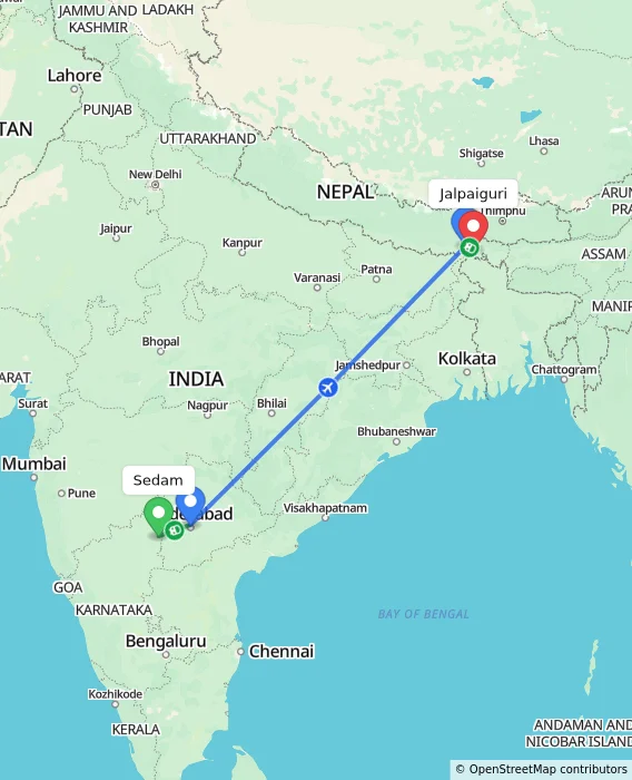 Route map showing distance and travel time from Sedam, India to Jalpaiguri, India