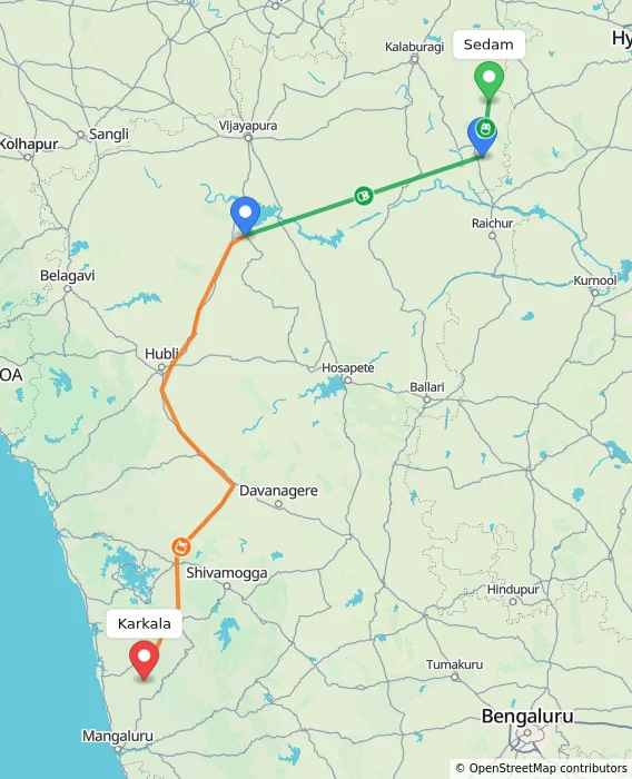 Route map showing distance and travel time from Sedam, India to Karkala, India