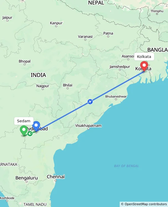 Route map showing distance and travel time from Sedam, India to Kolkata, India