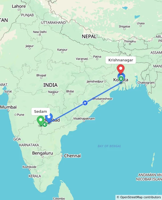 Route map showing distance and travel time from Sedam, India to Krishnanagar, India
