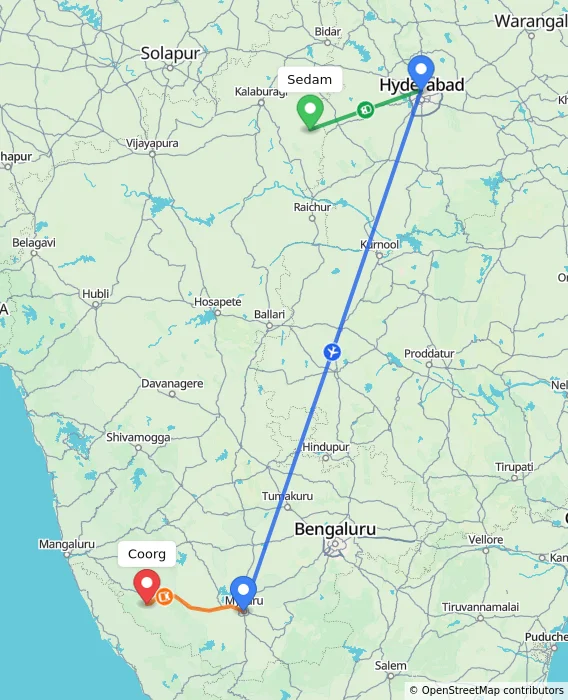 Route map showing distance and travel time from Sedam, India to Madikeri, India