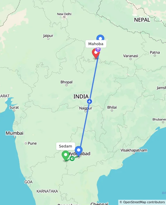 Route map showing distance and travel time from Sedam, India to Mahoba, India