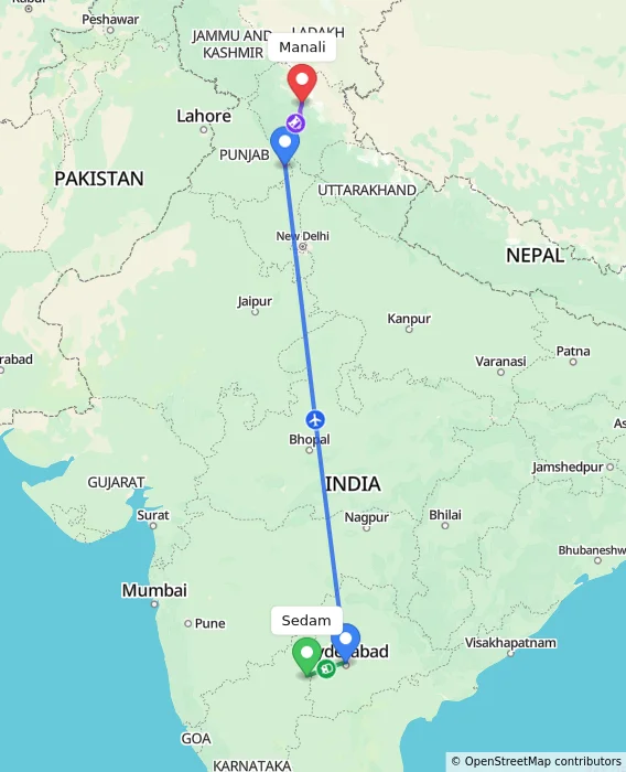 Route map showing distance and travel time from Sedam, India to Manali, India