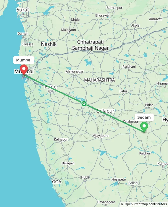 Route map showing distance and travel time from Sedam, India to Mumbai, India
