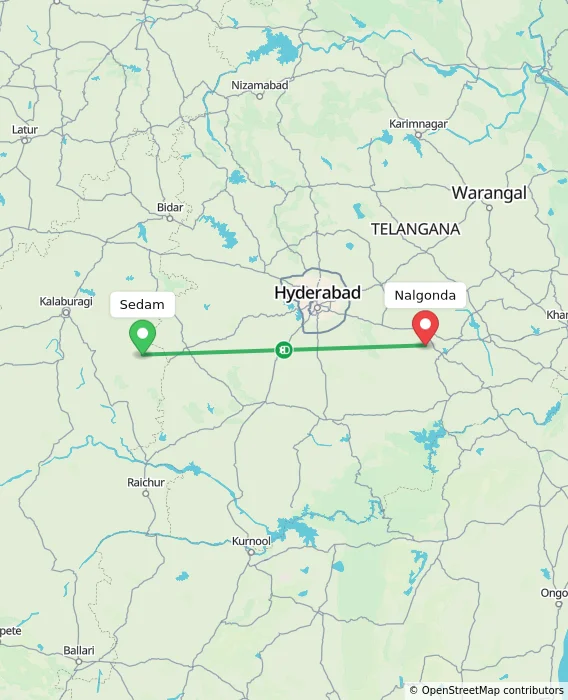 Route map showing distance and travel time from Sedam, India to Nalgonda, India