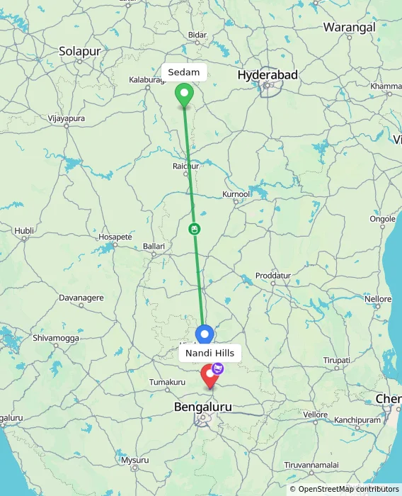 Route map showing distance and travel time from Sedam, India to Nandi Hills, India