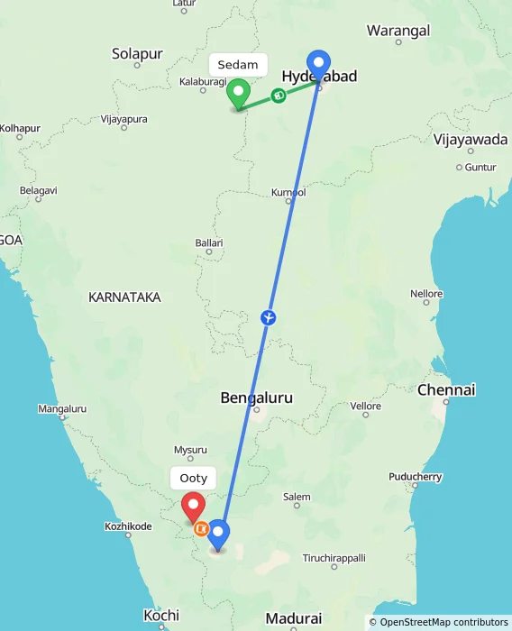 Route map showing distance and travel time from Sedam, India to Ooty, India