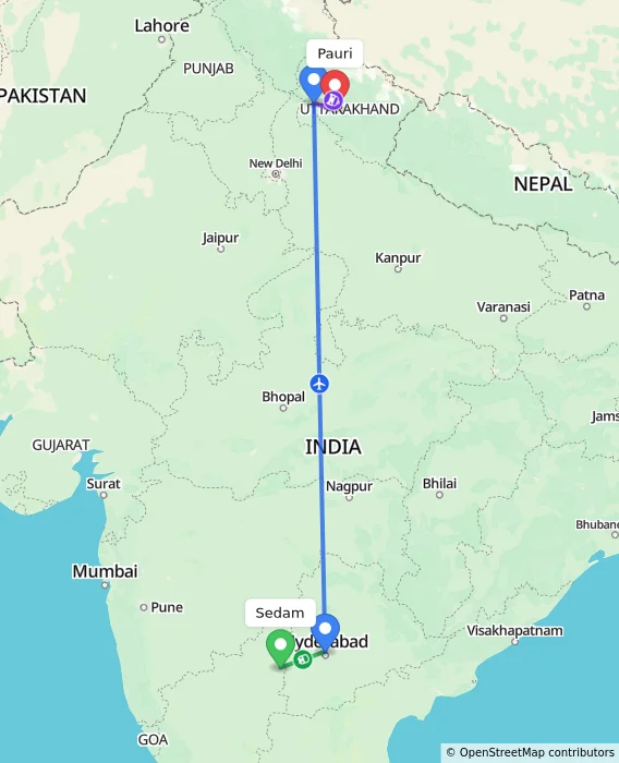Route map showing distance and travel time from Sedam, India to Pauri, India