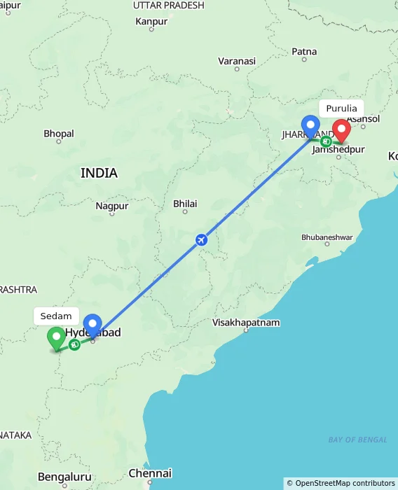 Route map showing distance and travel time from Sedam, India to Purulia, India