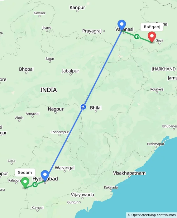 Route map showing distance and travel time from Sedam, India to Rafiganj, India