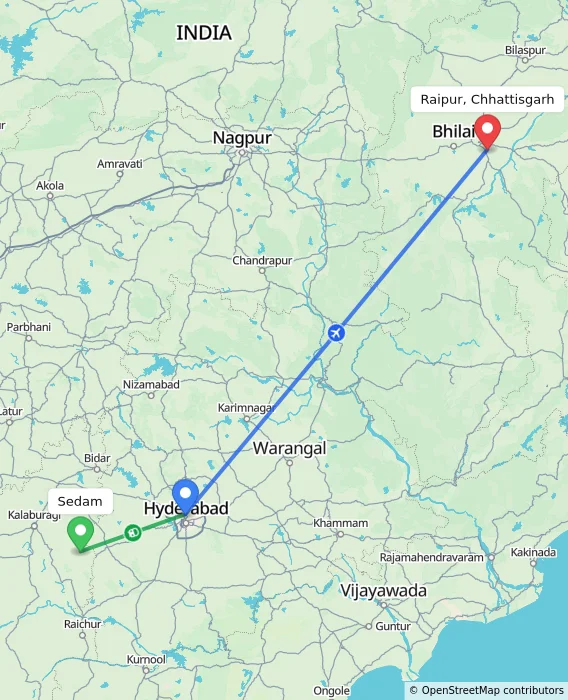 Route map showing distance and travel time from Sedam, India to Raipur, Chhattisgarh, India