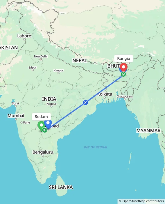 Route map showing distance and travel time from Sedam, India to Rangia, India