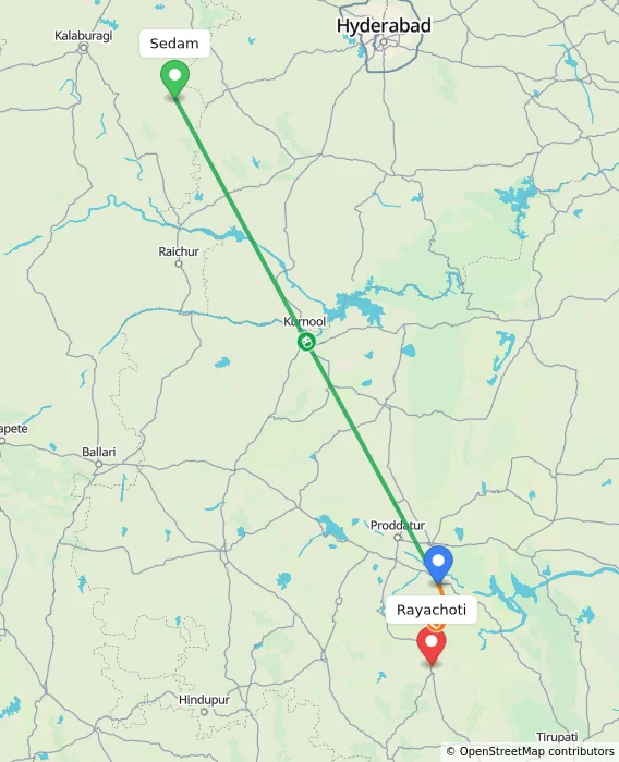 Route map showing distance and travel time from Sedam, India to Rayachoti, India