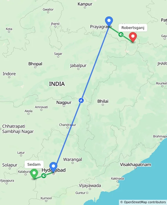 Route map showing distance and travel time from Sedam, India to Robertsganj, India