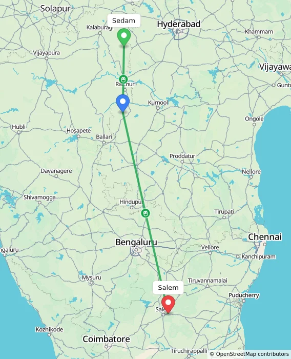 Route map showing distance and travel time from Sedam, India to Salem, India
