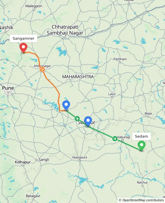 Route map showing distance and travel time from Sedam, India to Sangamner, India