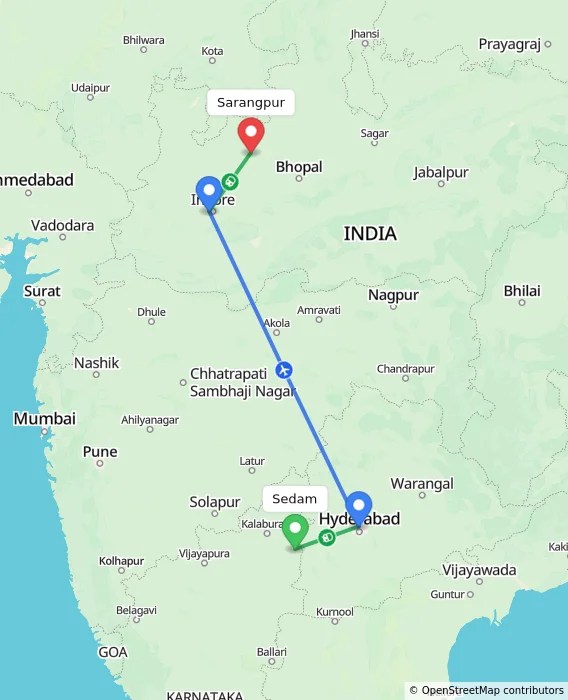 Route map showing distance and travel time from Sedam, India to Sarangpur, India