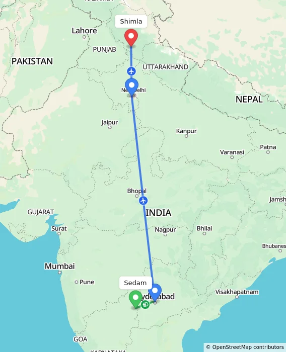 Route map showing distance and travel time from Sedam, India to Shimla, India