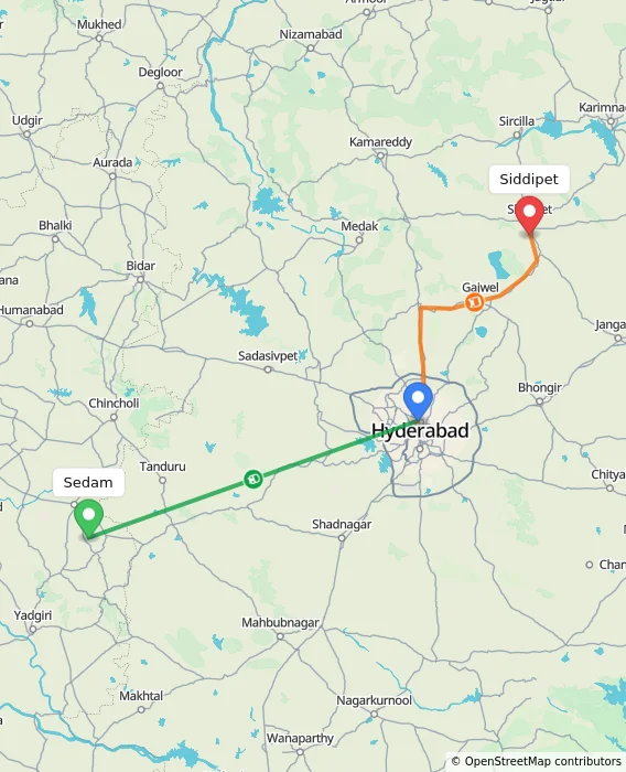 Route map showing distance and travel time from Sedam, India to Siddipet, India