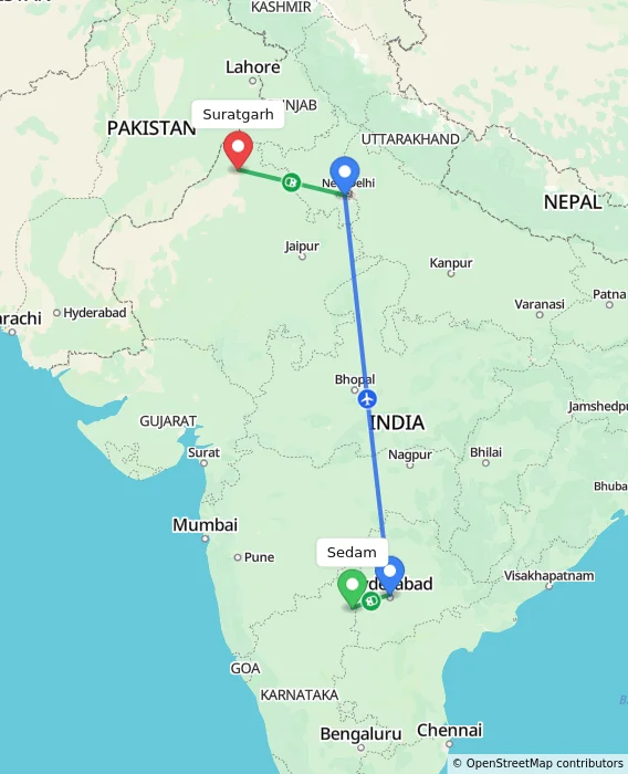 Route map showing distance and travel time from Sedam, India to Suratgarh, India