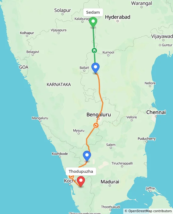 Route map showing distance and travel time from Sedam, India to Thodupuzha, India