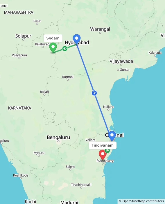 Route map showing distance and travel time from Sedam, India to Tindivanam, India