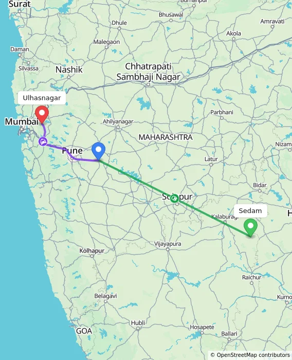 Route map showing distance and travel time from Sedam, India to Ulhasnagar, India