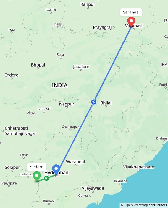 Route map showing distance and travel time from Sedam, India to Varanasi, India